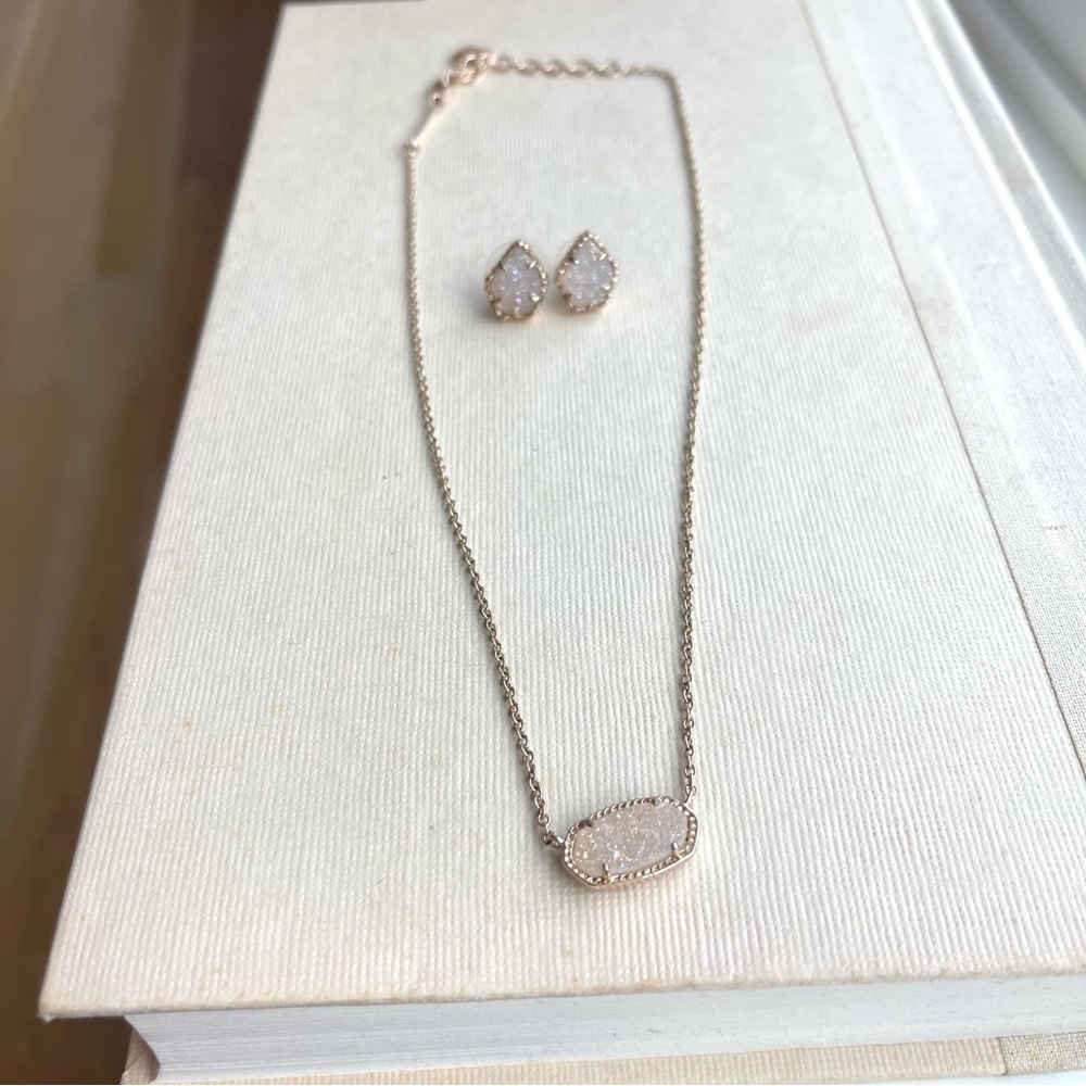 Kendra Scott Elisa Rose Gold Pendant Iridescent Drusy Necklace & Tessa Earrings